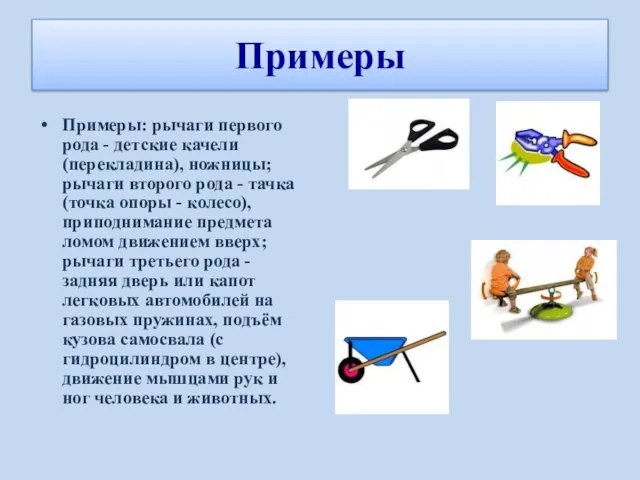 Примеры: рычаги первого рода - детские качели (перекладина), ножницы; рычаги