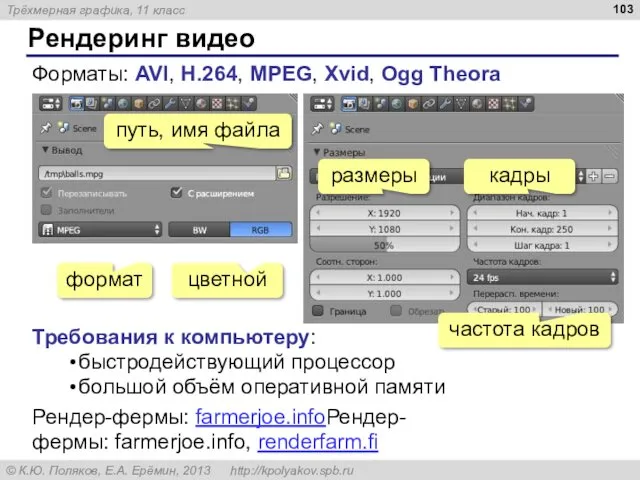 Рендеринг видео Форматы: AVI, H.264, MPEG, Xvid, Ogg Theora путь, имя файла формат