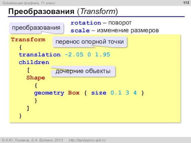Преобразования (Transform) Transform { translation -2.05 0 1.95 children [ Shape { geometry