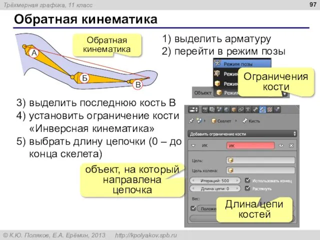 Обратная кинематика 1) выделить арматуру 2) перейти в режим позы