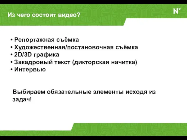 Из чего состоит видео? Репортажная съёмка Художественная/постановочная съёмка 2D/3D графика