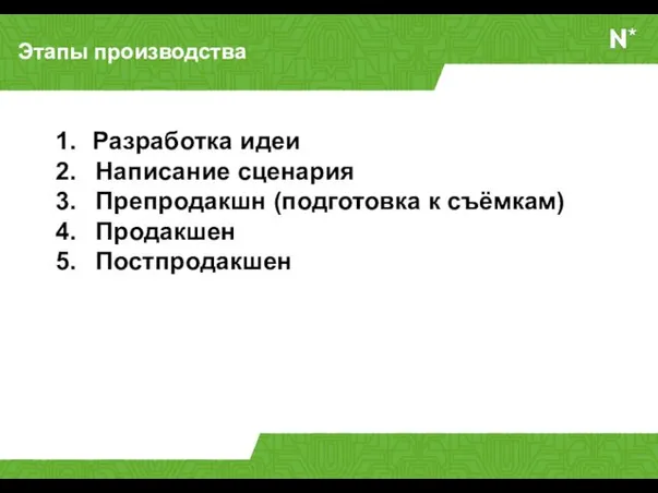 Этапы производства Разработка идеи Написание сценария Препродакшн (подготовка к съёмкам) Продакшен Постпродакшен