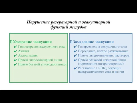 Нарушение резервуарной и эвакуаторной функций желудка Ускорение эвакуации Гипосекреция желудочного