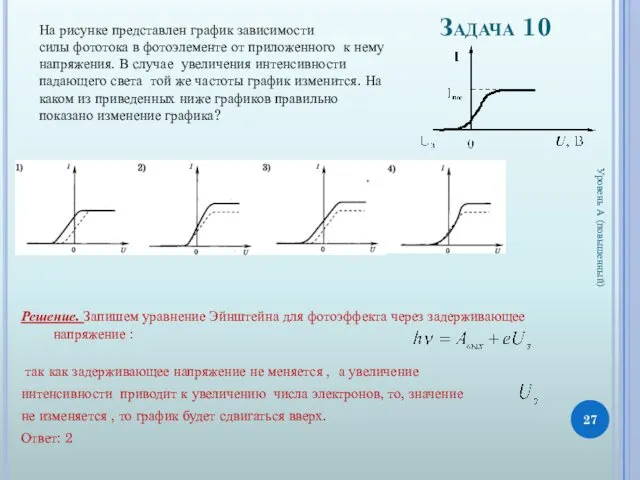 Задача 10 Уровень А (повышенный) На рисунке представлен график зависимости силы фототока в