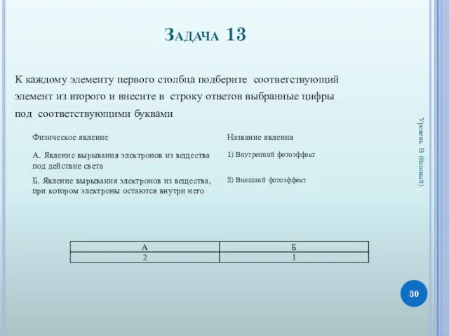 Задача 13 Уровень В (базовый) К каждому элементу первого столбца подберите соответствующий элемент