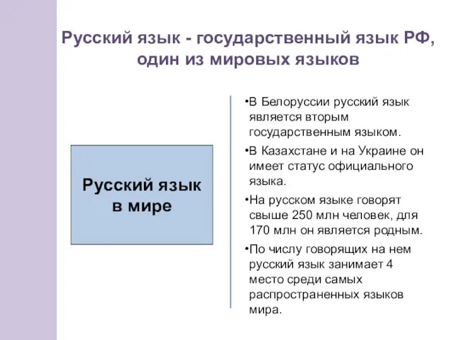 Русский язык - государственный язык РФ, один из мировых языков