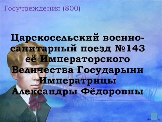 Госучреждения (800) Царскосельский военно-санитарный поезд №143 её Императорского Величества Государыни Императрицы Александры Фёдоровны