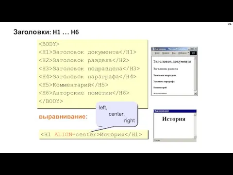 Заголовки: H1 … H6 Заголовок документа Заголовок раздела Заголовок подраздела