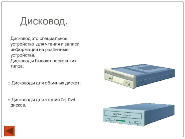 Дисковод. Дисковод это специальное устройство для чтения и записи информации