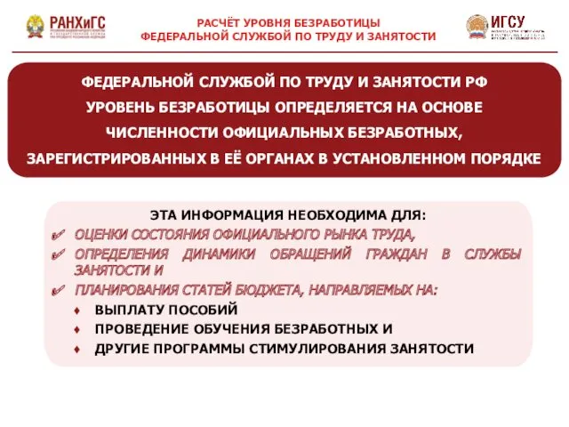 РАСЧЁТ УРОВНЯ БЕЗРАБОТИЦЫ ФЕДЕРАЛЬНОЙ СЛУЖБОЙ ПО ТРУДУ И ЗАНЯТОСТИ ФЕДЕРАЛЬНОЙ