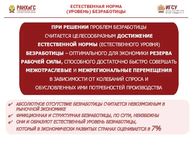 ЕСТЕСТВЕННАЯ НОРМА (УРОВЕНЬ) БЕЗРАБОТИЦЫ ПРИ РЕШЕНИИ ПРОБЛЕМ БЕЗРАБОТИЦЫ СЧИТАЕТСЯ ЦЕЛЕСООБРАЗНЫМ