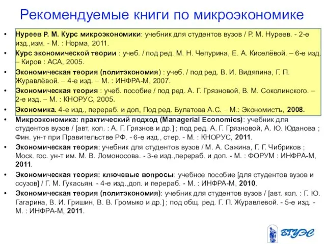 Рекомендуемые книги по микроэкономике Нуреев Р. М. Курс микроэкономики: учебник для студентов вузов