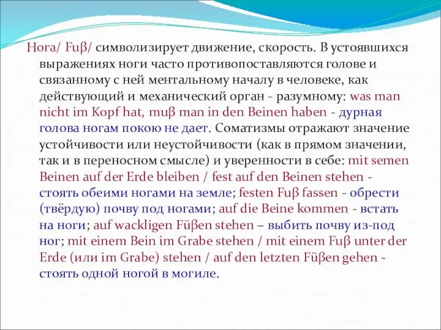 Нога/ Fuβ/ символизирует движение, скорость. В устоявшихся выражениях ноги часто