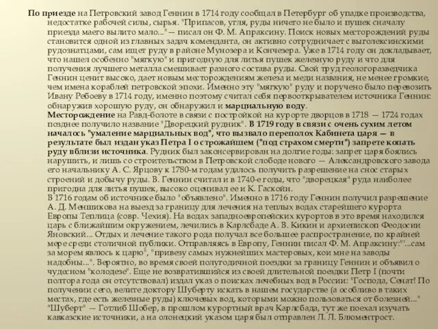 По приезде на Петровский завод Геннин в 1714 году сообщал