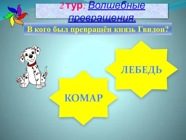 2 тур: Волшебные превращения. В кого был превращён князь Гвидон? КОМАР ЛЕБЕДЬ