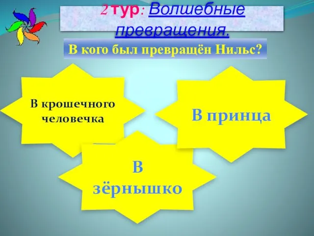 2 тур: Волшебные превращения. В кого был превращён Нильс? В крошечного человечка В зёрнышко В принца