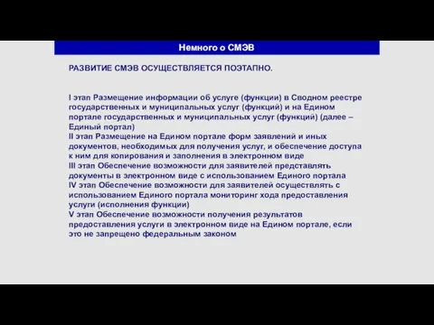 Немного о СМЭВ РАЗВИТИЕ СМЭВ ОСУЩЕСТВЛЯЕТСЯ ПОЭТАПНО. I этап Размещение