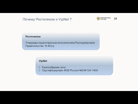 МИНКОМСВЯЗЬ РОССИИ Почему Ростелеком и VipNet ? Ростелеком Утвержден единственным