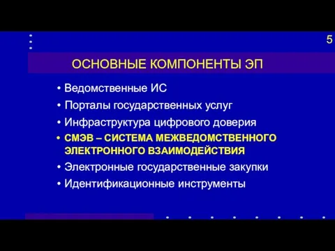 ОСНОВНЫЕ КОМПОНЕНТЫ ЭП Ведомственные ИС Порталы государственных услуг Инфраструктура цифрового