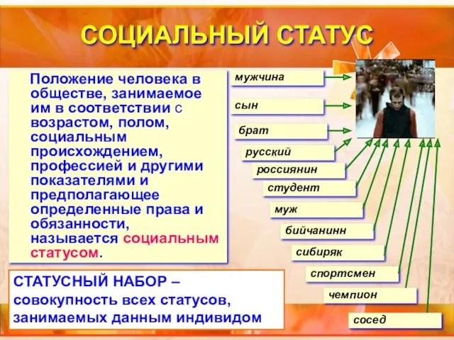 СОЦИАЛЬНЫЙ СТАТУС Положение человека в обществе, занимаемое им в соответствии