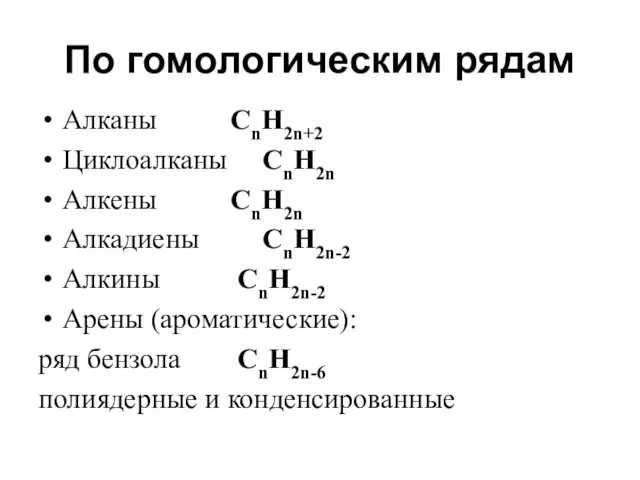 По гомологическим рядам Алканы СnH2n+2 Циклоалканы СnH2n Алкены СnH2n Алкадиены