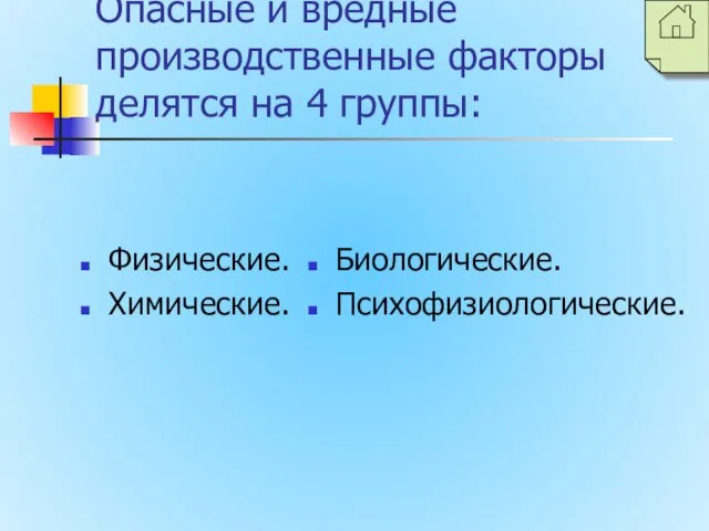 Опасные и вредные производственные факторы делятся на 4 группы: Физические. Химические. Биологические. Психофизиологические.