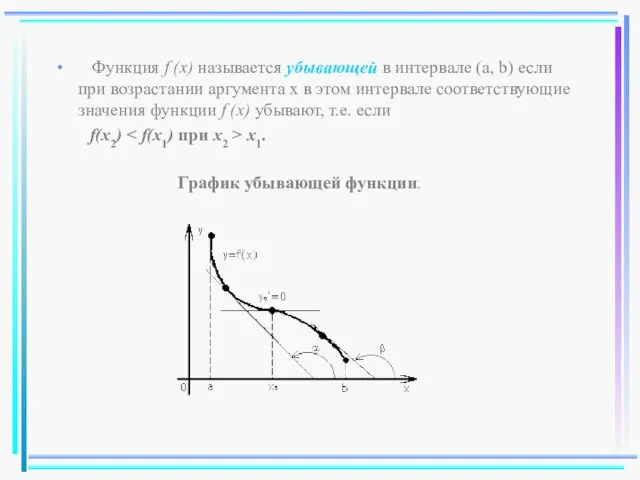 Функция f (x) называется убывающей в интервале (a, b) если