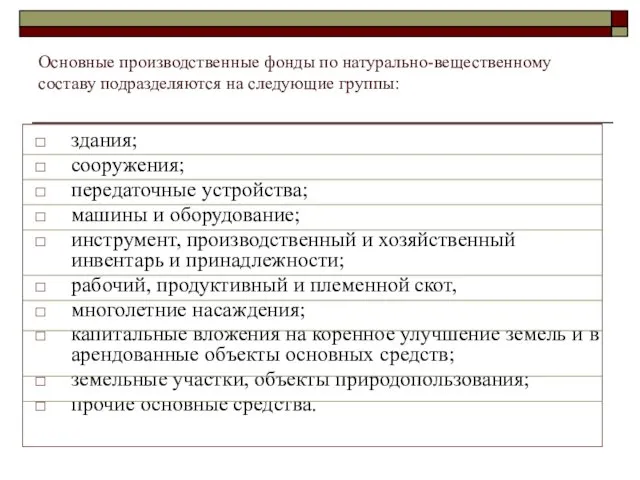 Основные производственные фонды по натурально-вещественному составу подразделяются на следующие группы: