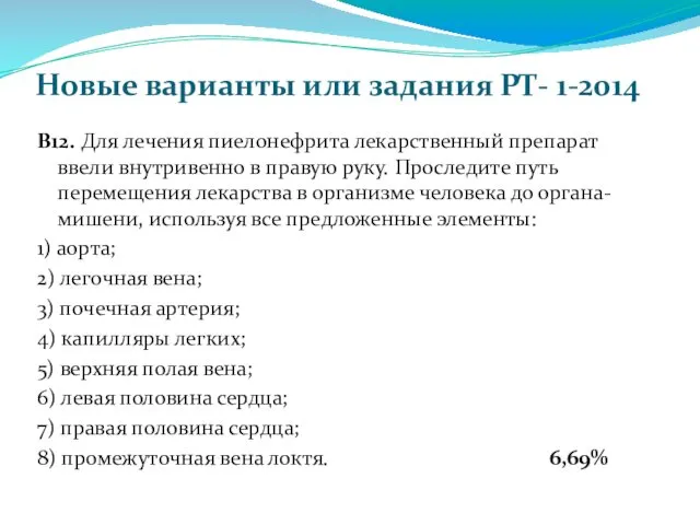 Новые варианты или задания РТ- 1-2014 В12. Для лечения пиелонефрита