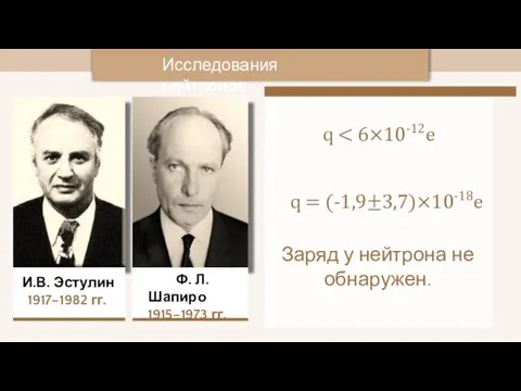 Исследования нейтронов И.В. Эстулин 1917–1982 гг. q q = (-1,9±3,7)×10-18e