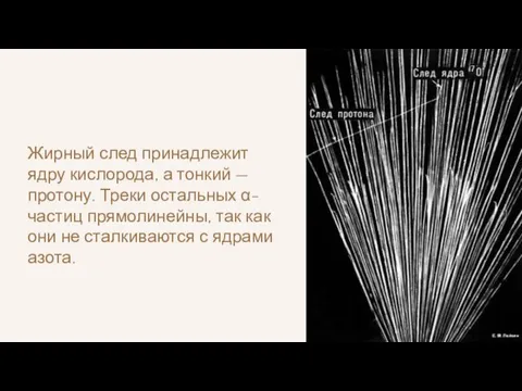 Жирный след принадлежит ядру кислорода, а тонкий — протону. Треки