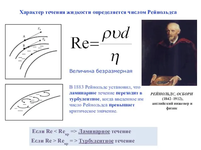 Характер течения жидкости определяется числом Рейнольдса РЕЙНОЛЬДС, ОСБОРН (1842–1912), английский инженер и физик