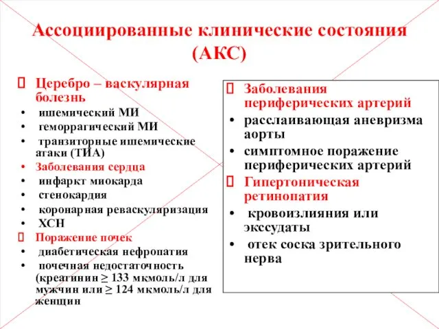 Ассоциированные клинические состояния (АКС) Церебро – васкулярная болезнь ишемический МИ