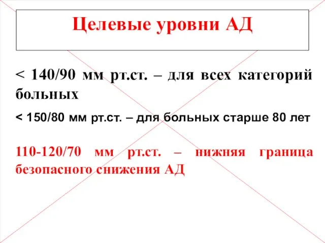 110-120/70 мм рт.ст. – нижняя граница безопасного снижения АД Целевые уровни АД