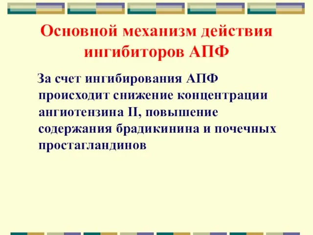 Основной механизм действия ингибиторов АПФ За счет ингибирования АПФ происходит