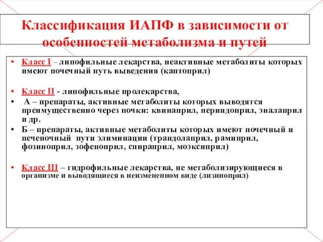 Классификация ИАПФ в зависимости от особенностей метаболизма и путей элиминации