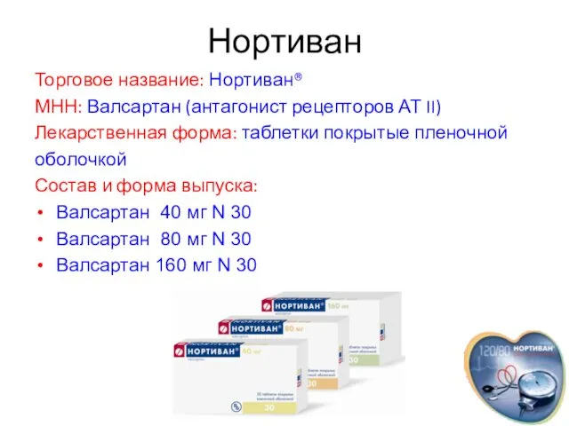 Нортиван Торговое название: Нортиван® МНН: Валсартан (антагонист рецепторов АТ II)