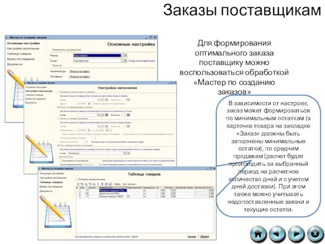 Заказы поставщикам Для формирования оптимального заказа поставщику можно воспользоваться обработкой