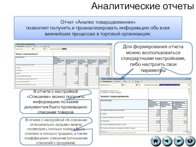 Аналитические отчеты Отчет «Анализ товародвижения» позволяет получить и проанализировать информацию