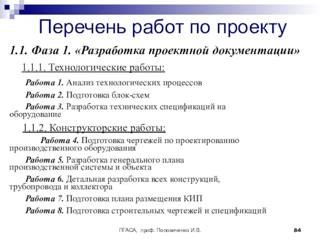 ПГАСА, проф. Поповиченко И.В. Перечень работ по проекту 1.1. Фаза