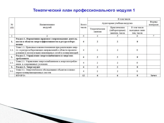 Тематический план профессионального модуля 1