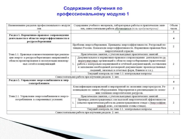 Содержание обучения по профессиональному модулю 1