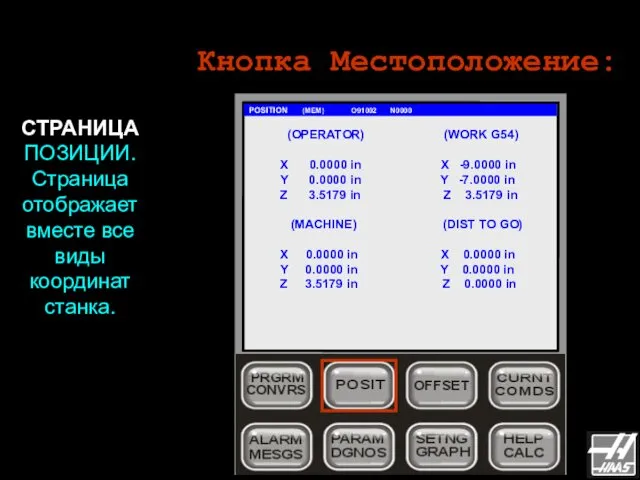 Кнопка Местоположение: POSITION (MEM) O91002 N0000 СТРАНИЦА ПОЗИЦИИ. Страница отображает