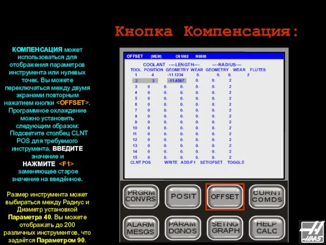 Кнопка Компенсация: OFFSET (MEM) O91002 N0000 КОМПЕНСАЦИЯ может использоваться для