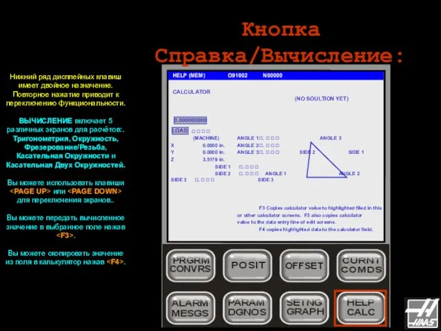 Кнопка Справка/Вычисление: HELP (MEM) O91002 N00000 Нижний ряд дисплейных клавиш