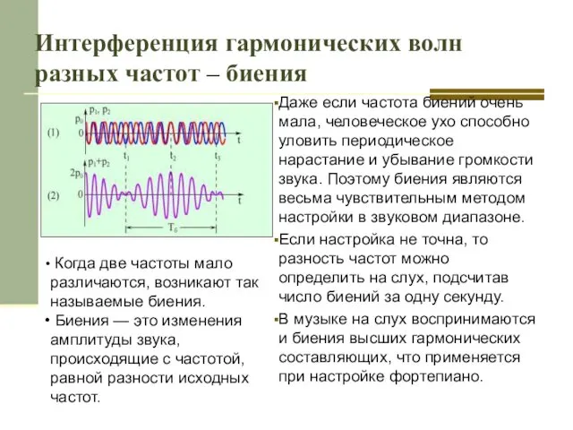 Интерференция гармонических волн разных частот – биения Даже если частота биений очень мала,