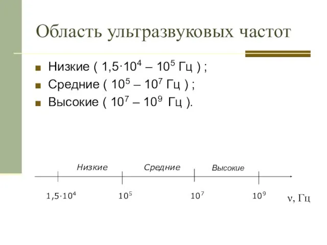 Область ультразвуковых частот Низкие ( 1,5·104 – 105 Гц ) ; Средние (