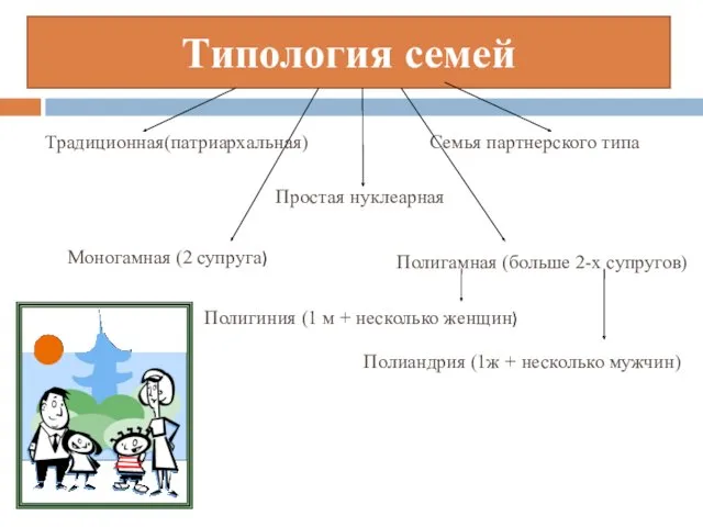 Типология семей Традиционная(патриархальная) Семья партнерского типа Простая нуклеарная Моногамная (2