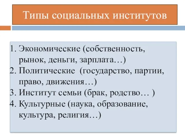 Типы социальных институтов Экономические (собственность, рынок, деньги, зарплата…) Политические (государство,