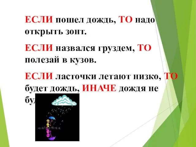 ЕСЛИ пошел дождь, ТО надо открыть зонт. ЕСЛИ назвался груздем,